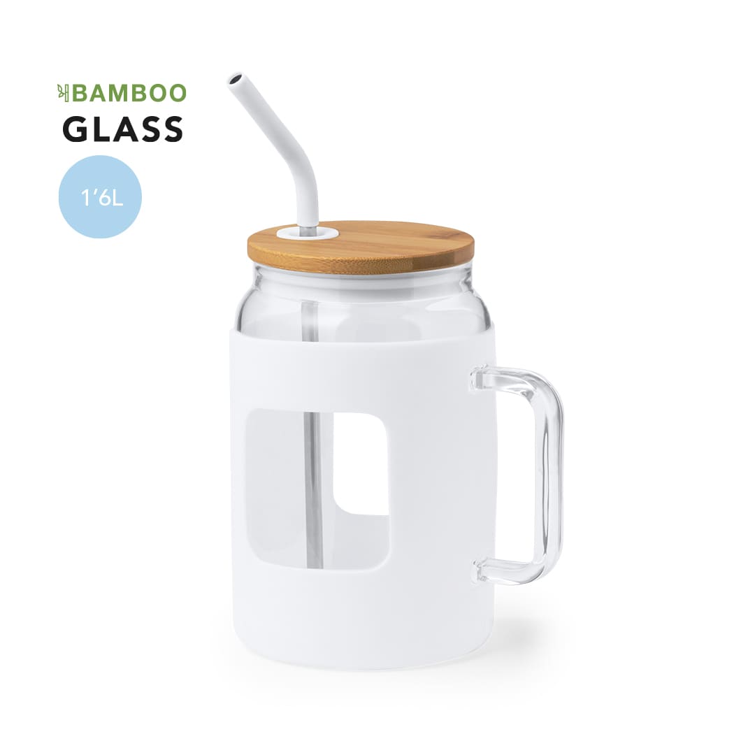 A drink bottle with a clear glass body, white silicone sleeve, bamboo lid, and stainless steel straw. Jacin Jar - Image 1