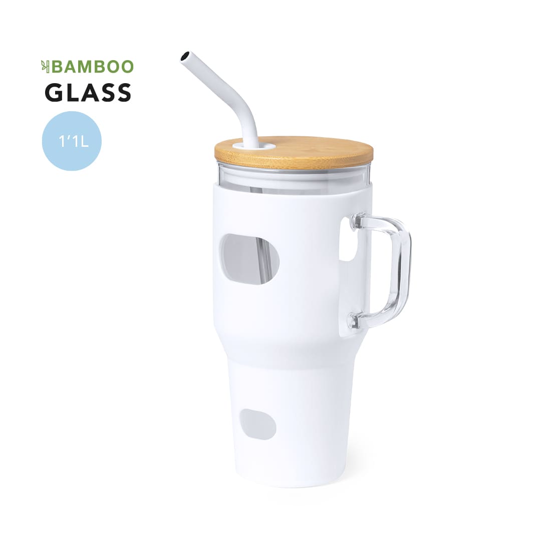 A drink bottle in white with a bamboo lid, transparent body, and a metal straw, featuring a handle and window cutouts. Namun Jar - Image 1
