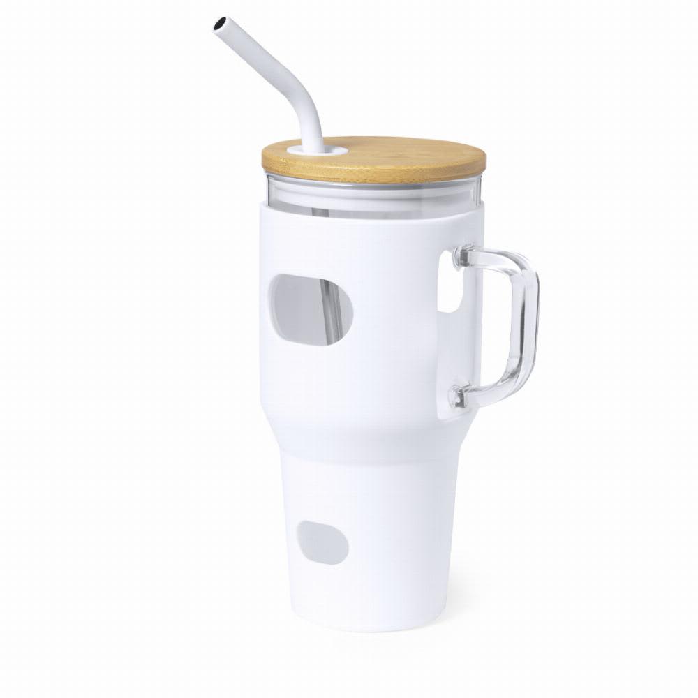 A drink bottle with a transparent body, white silicone sleeve, and bamboo lid featuring a straw. Namun - Image 1