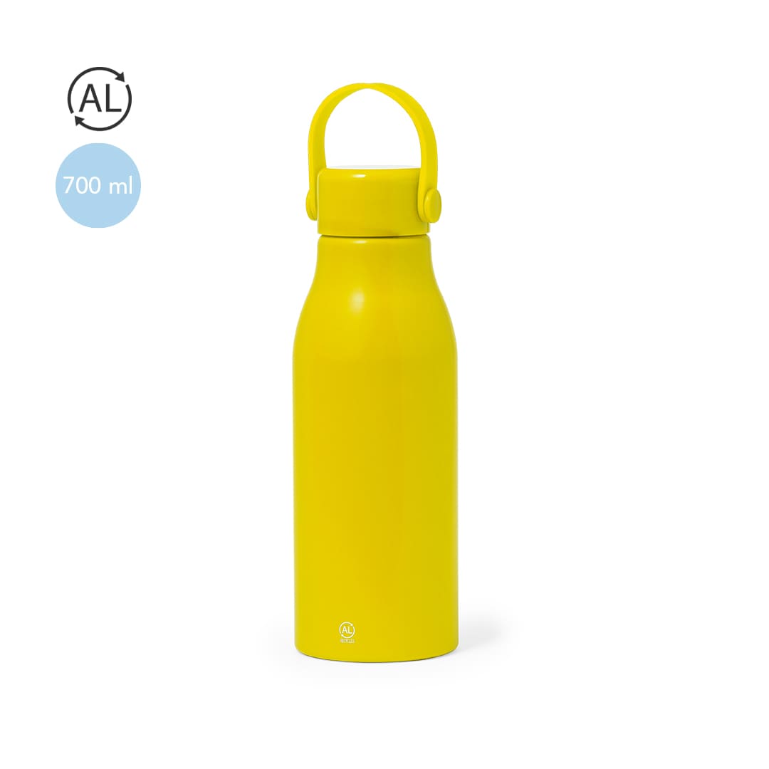 A drink bottle in bright yellow, featuring a secure lid and a handle, with a capacity of 700 ml. It has branding. Perpok Bottle - Image 1