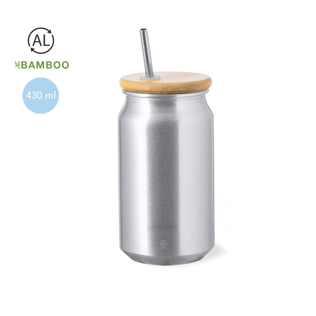 A silver drink bottle with bamboo lid and a straw, holding 430 ml, featuring a logo. Audrey Cup - Image 1