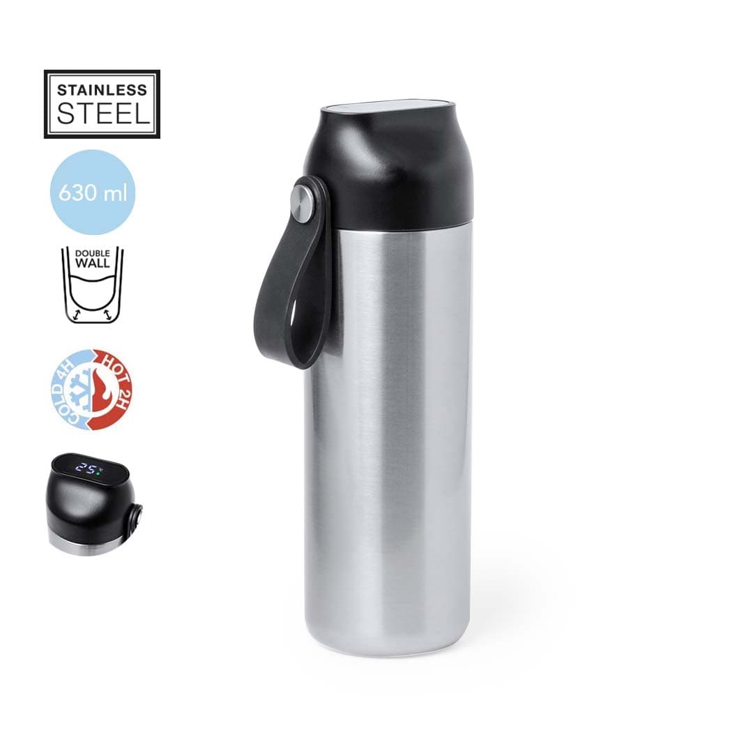 A stainless steel drink bottle with a black lid and strap, featuring a double wall design and a temperature display. Troy - Image 1
