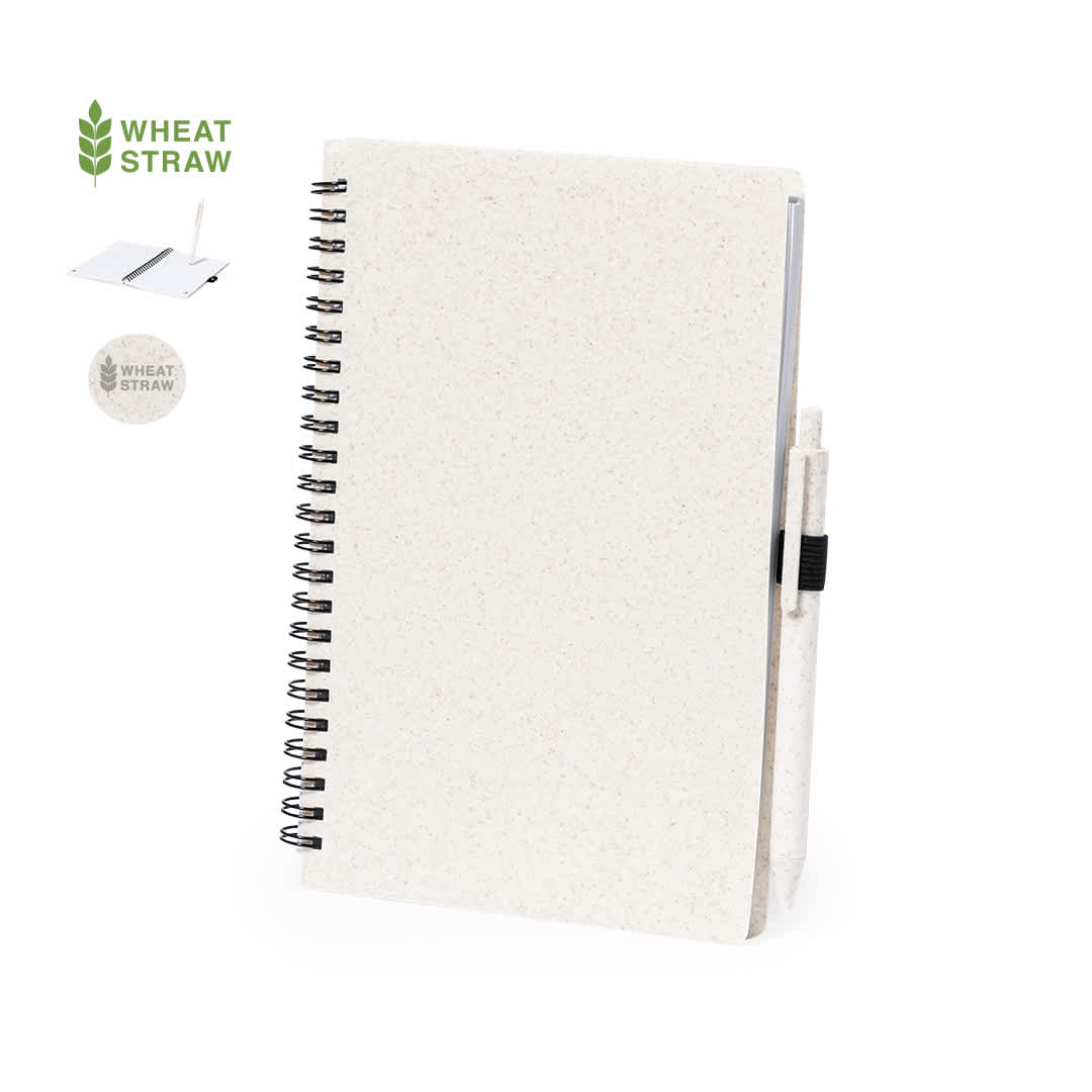 A spiral-bound notebook in a cream colour made from wheat straw, featuring a hidden pen and a logo. Emily Notebook - Image 1
