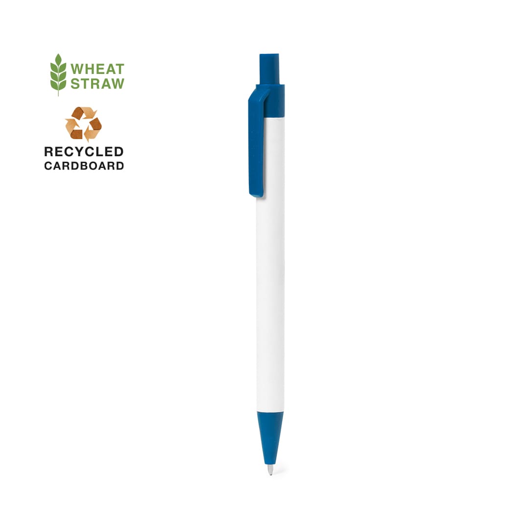 A white pen with a blue clip, made from wheat straw and recycled cardboard, featuring a logo. Cezon Pen - Image 1