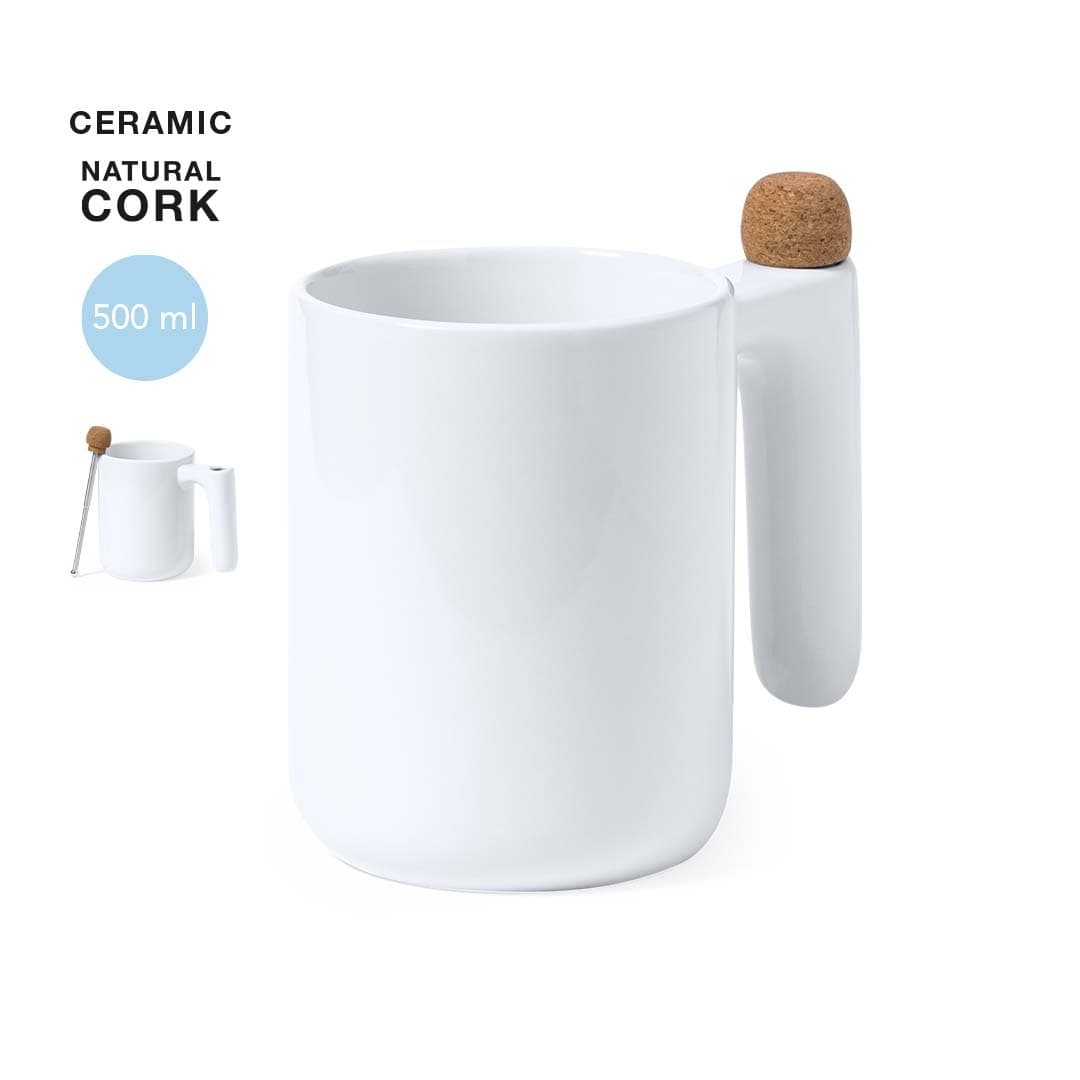 A white ceramic mug with a unique handle featuring a natural cork accent, capacity of 500 ml. Beverly - Image 1