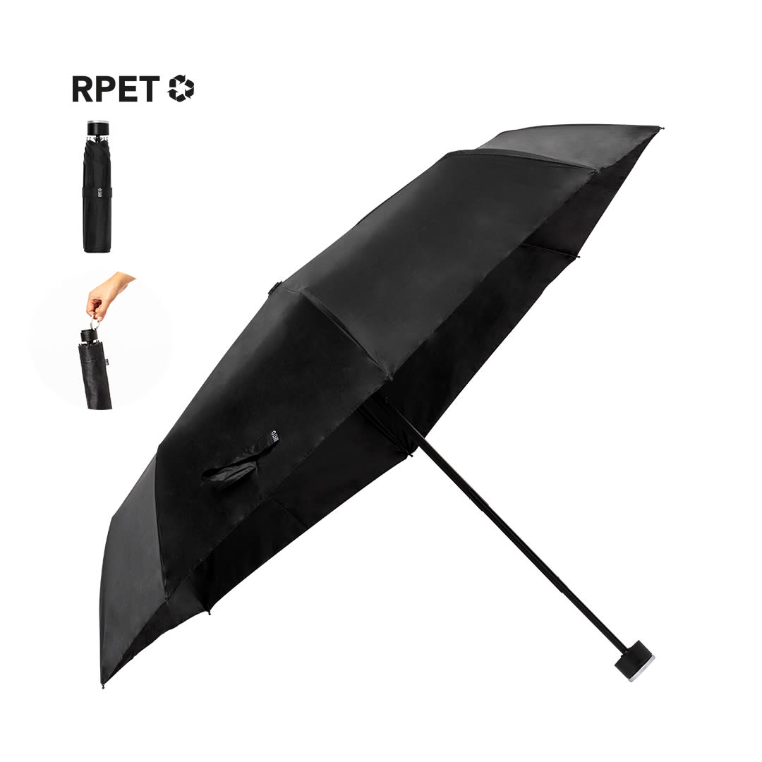 A black umbrella with a sleek design, featuring a carrying handle and a branding logo. Claris Umbrella - Image 1