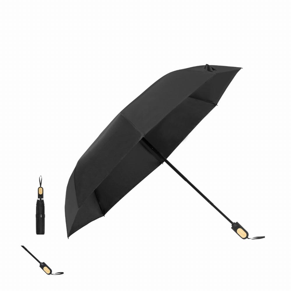A black umbrella with a compact design that can be stored in a portable pouch. It features a sleek handle and a logo. Barbra - Image 1