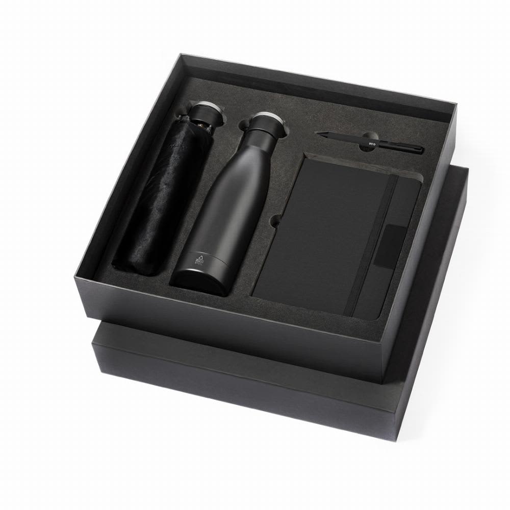 A drink bottle, notebook, and pen in a stylish black gift box, featuring a logo on the items. Gregory - Image 1