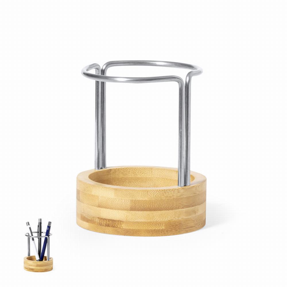 A bamboo pen holder with a stainless steel holder, designed for organising writing instruments. Oswin - Image 1