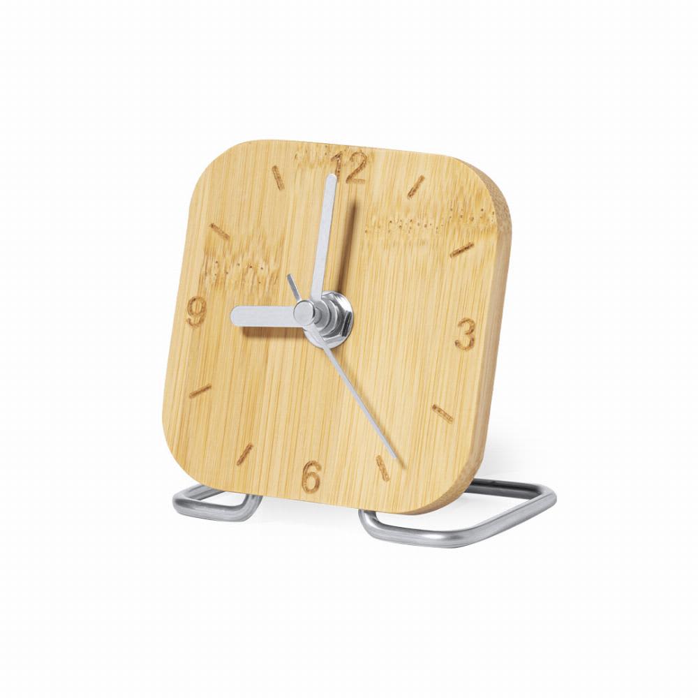 A desk clock with a square bamboo face, silver hands, and a metal stand. Natural wood finish. Eciko - Image 1