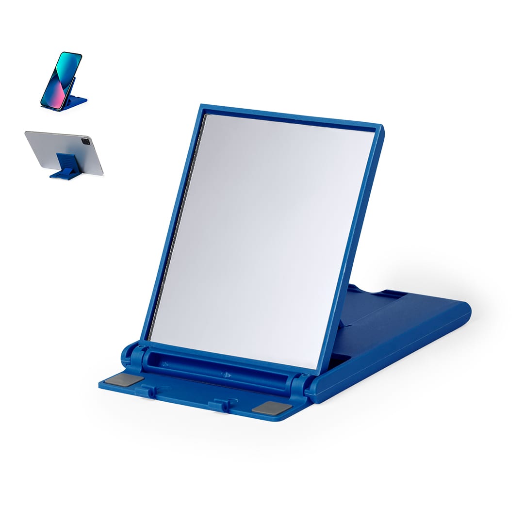A blue phone stand with a mirror, designed for holding devices. It features a simple, functional design. Angie Holder - Image 1