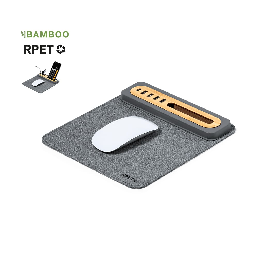 A grey multifunction mousepad featuring a wooden section and a mouse, with a slot for charging devices. Craig Multifunction Mousepad - Image 1