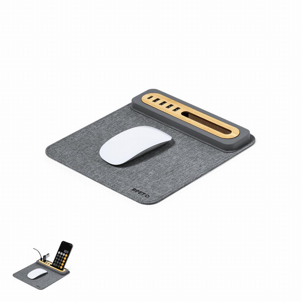 A grey mouse pad with a wooden docking station for devices and a white mouse, featuring a sleek design. Craig - Image 1