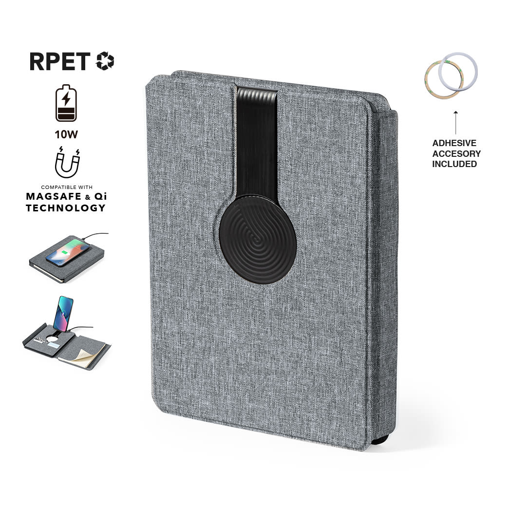 A grey multifunction notepad with a textured cover and a circular magnetic closure, featuring a logo on the front. Morrison Multifunction Notepad - Image 1