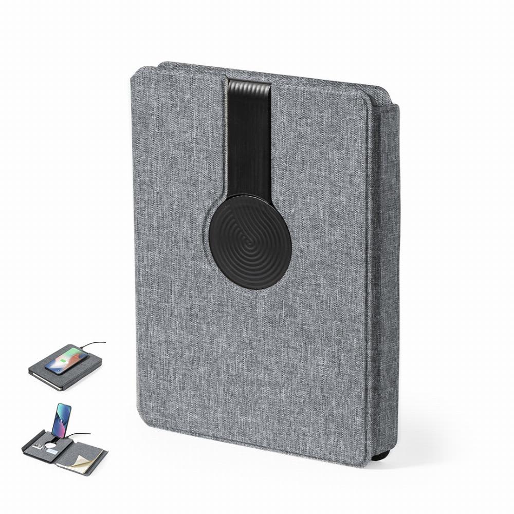 A grey tablet case with a textured fabric finish and a black circular accent. It features a logo on the front. Morrison - Image 1