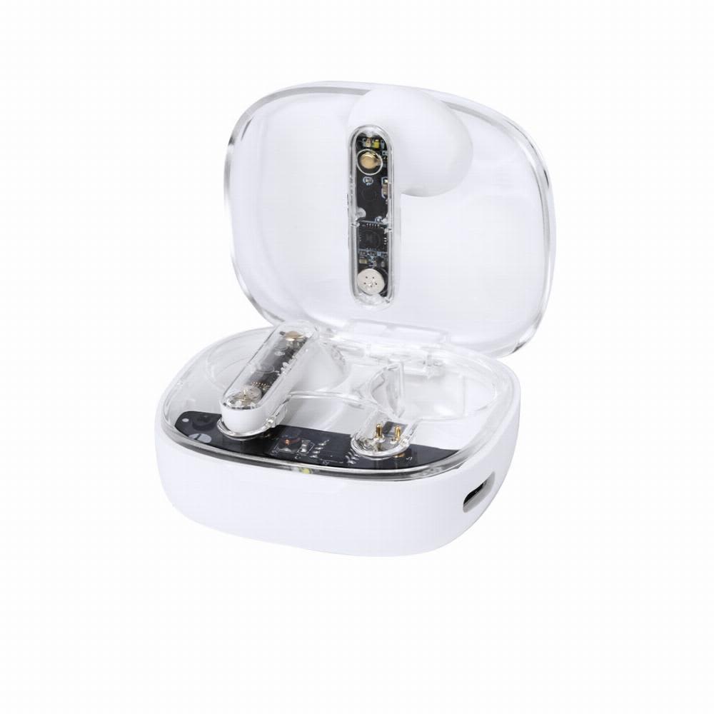 A wireless earbud charging case in white, with the earbuds placed inside and a clear lid. Webex - Image 1