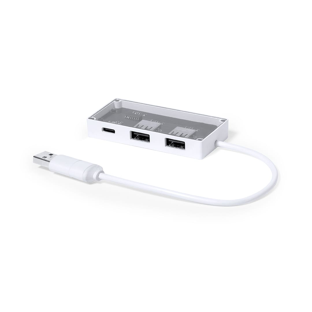 A white USB hub with three ports and a connecting cable, featuring a transparent top and a logo. Hevan USB Hub - Image 1