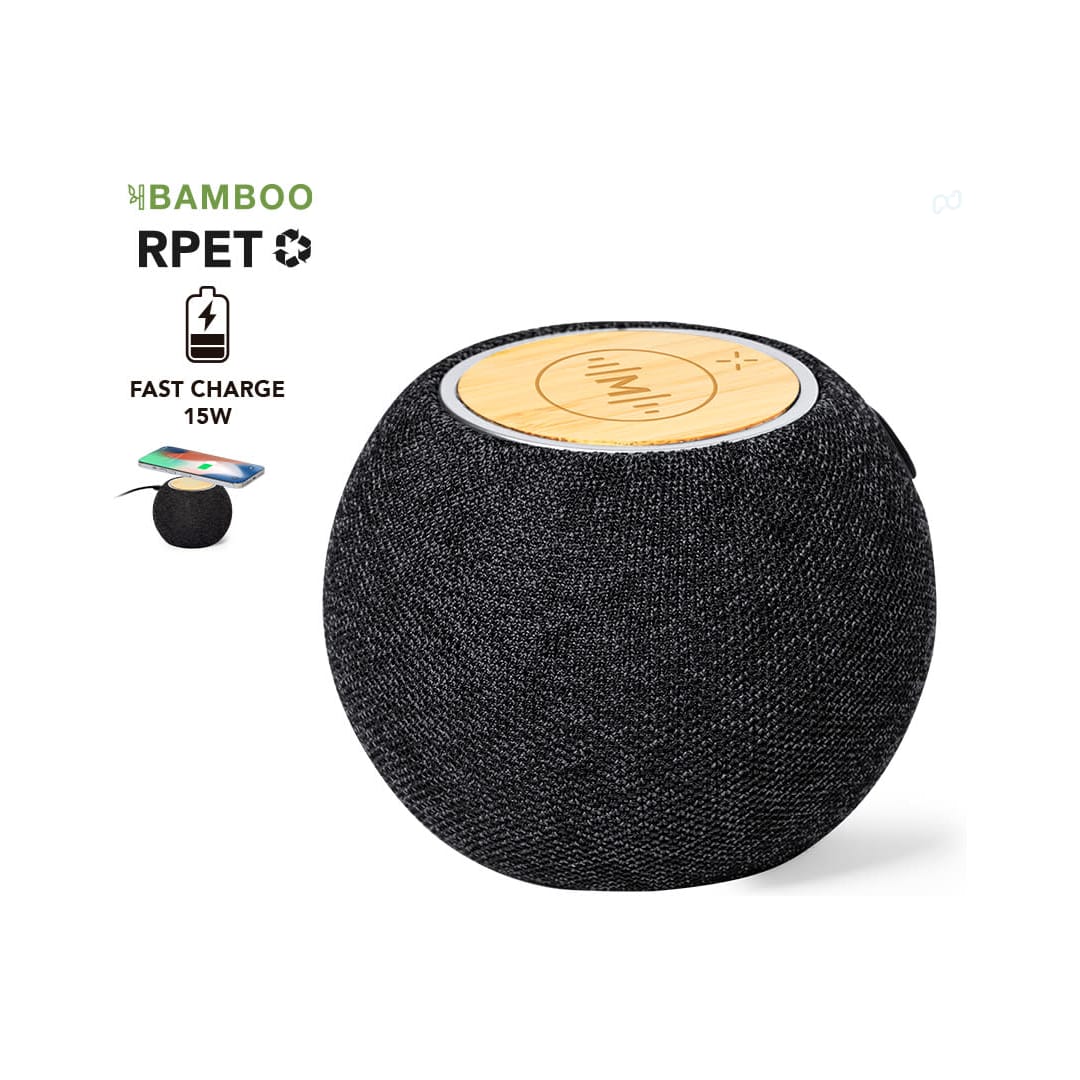 A round speaker in black fabric, featuring a bamboo top and a logo, with fast charging capability. Cedric Charger Speaker - Image 1