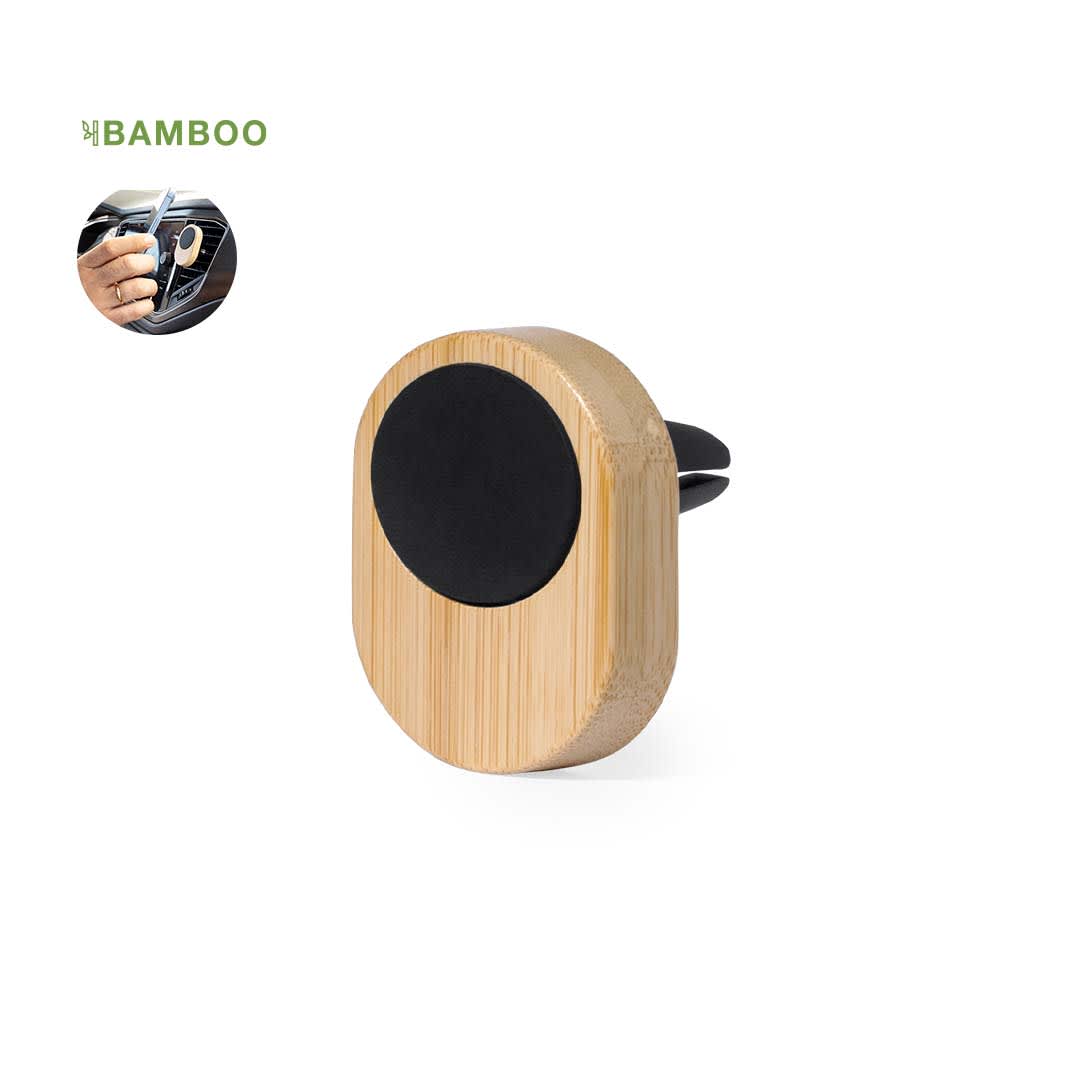 A bamboo car phone holder with a black centre, designed for secure placement in a vehicle. Toby Holder - Image 1
