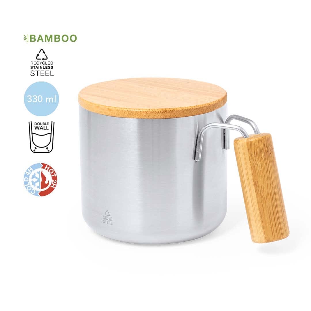 A drink mug made of recycled stainless steel with a bamboo lid and handle, featuring a double wall for insulation. Claire Insulated Mug - Image 1