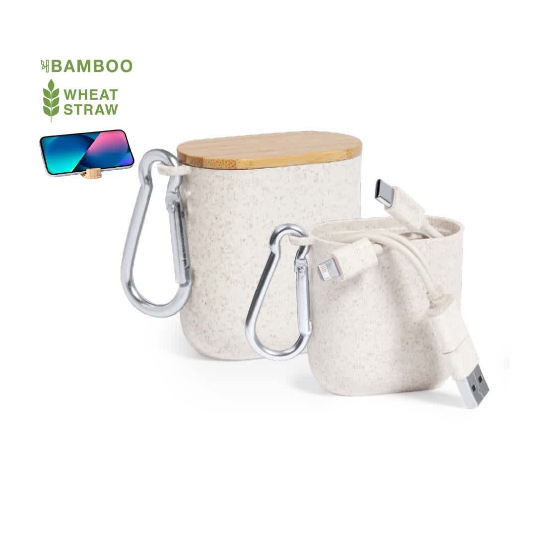 A charging cable in a container made of wheat straw with a bamboo lid, featuring a metal carabiner, in a neutral tone. Brayce Charging Cable - Image 1