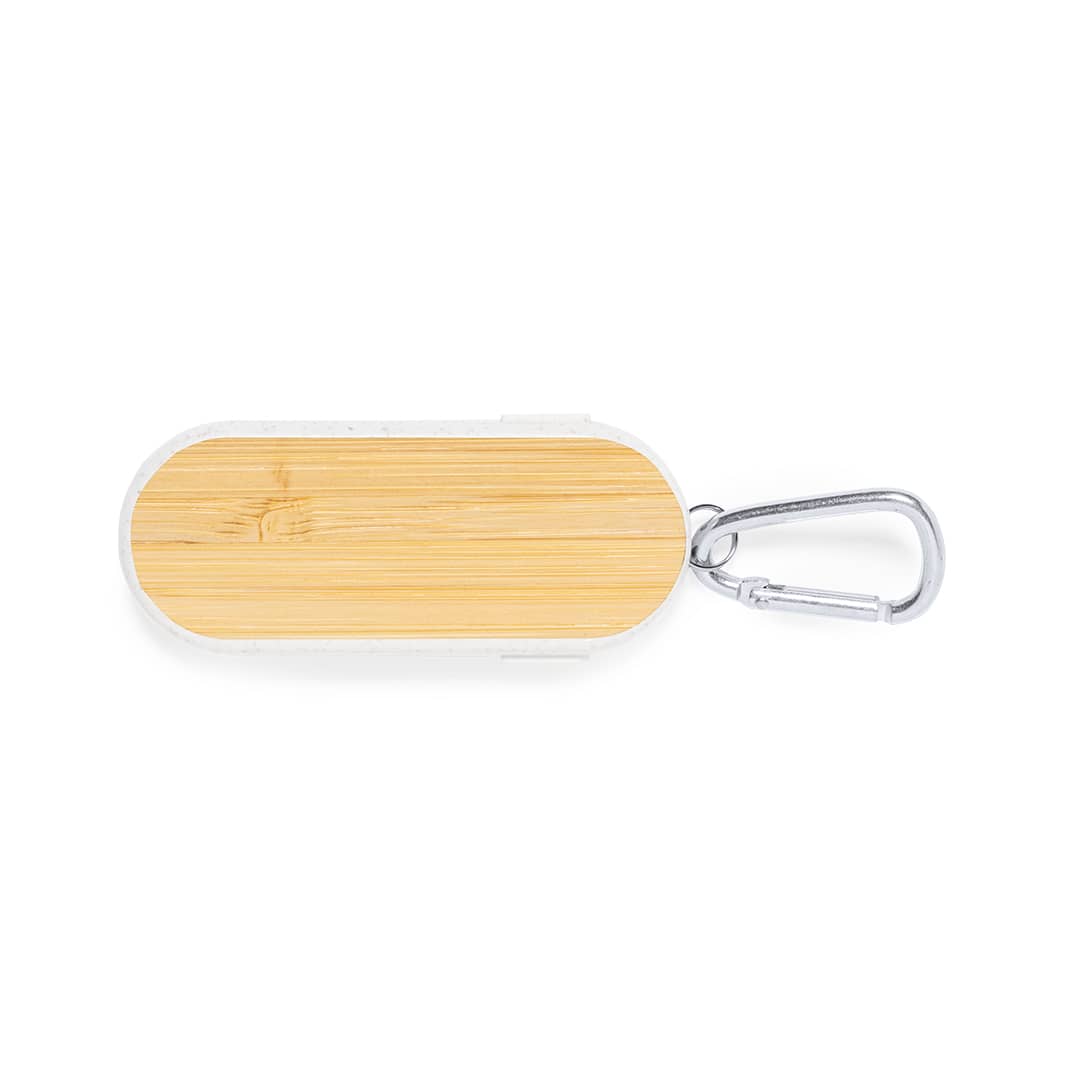 A charging cable with a bamboo top and white bottom, featuring a carabiner for easy attachment. Abby Charging Cable - Image 1
