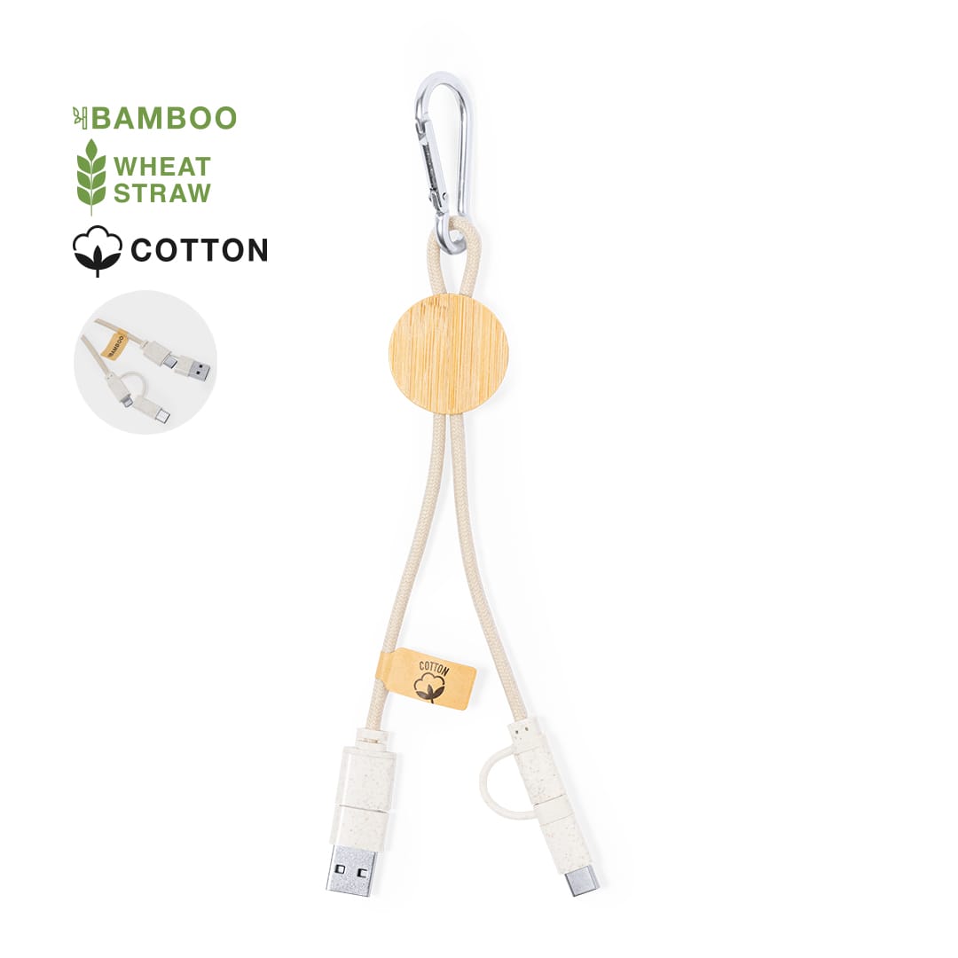 A charging cable featuring a bamboo and cotton design, with two connectors and a carabiner clip. Denny Charging Cable - Image 1