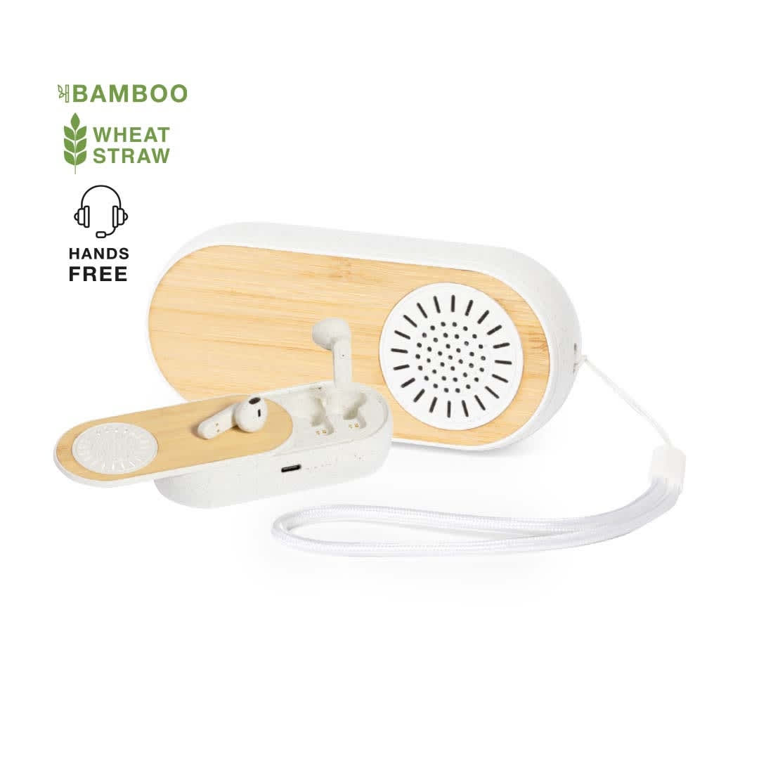 A hands-free speaker and earbud set with a bamboo and white finish, featuring a natural design and a logo. Gissel - Image 1