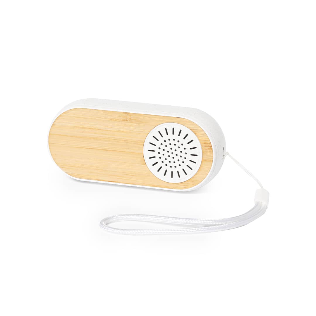 A bamboo and white speaker with a circular speaker grille and a wrist strap for easy carrying. Gissel Speakers Earphones - Image 1
