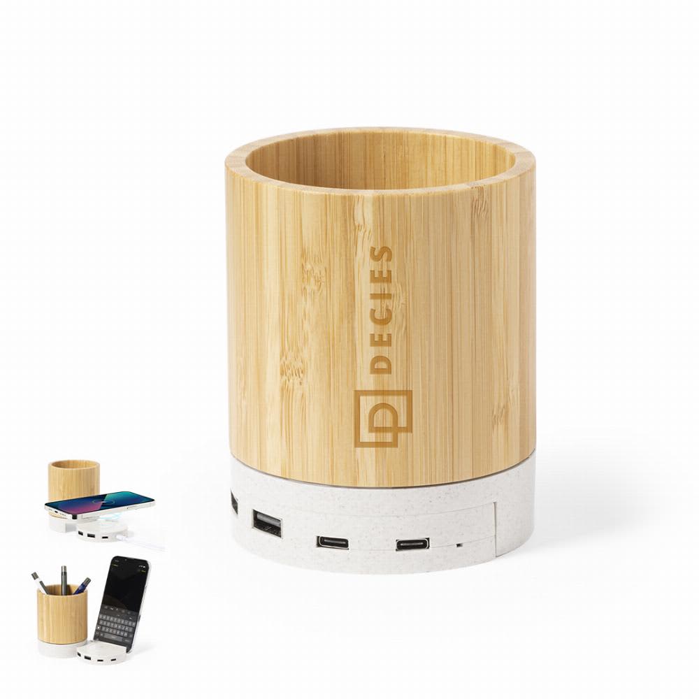 A bamboo desk organiser with multiple USB ports and a smooth white base, featuring a logo on the front. Birwen - Image 1