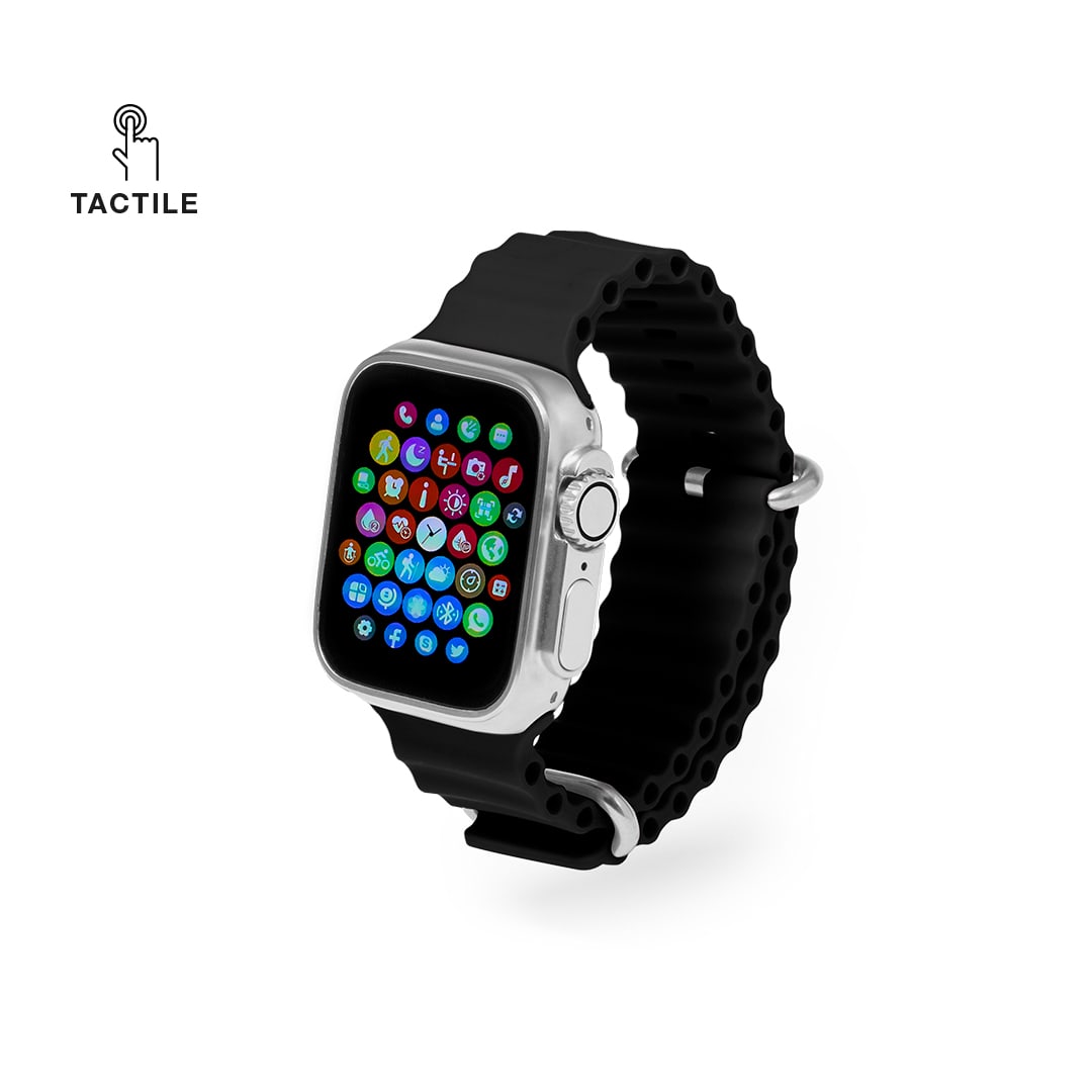 A smartwatch with a black rubber strap and a colourful app display. It features a silver bezel and a branding logo. Connor Smart Watch - Image 1