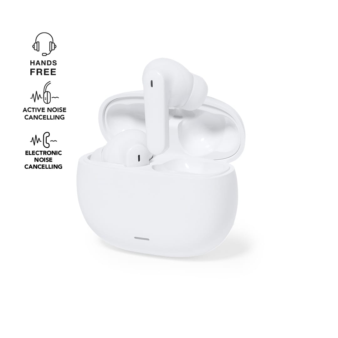A set of white wireless earbuds in their charging case, featuring a logo. Blair - Image 1