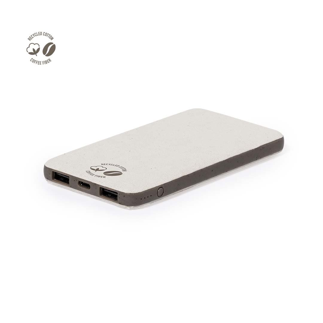 A portable power bank in cream with a dark brown edge, featuring a logo and multiple output ports. Mayer - Image 1