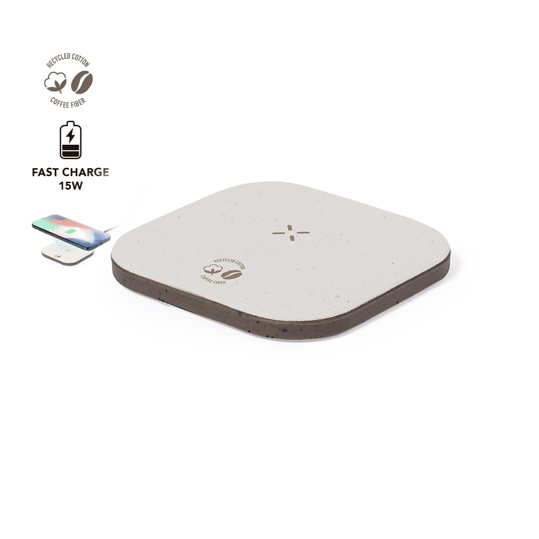 A wireless charger in a light beige colour with a textured surface and branding. Griffin - Image 1