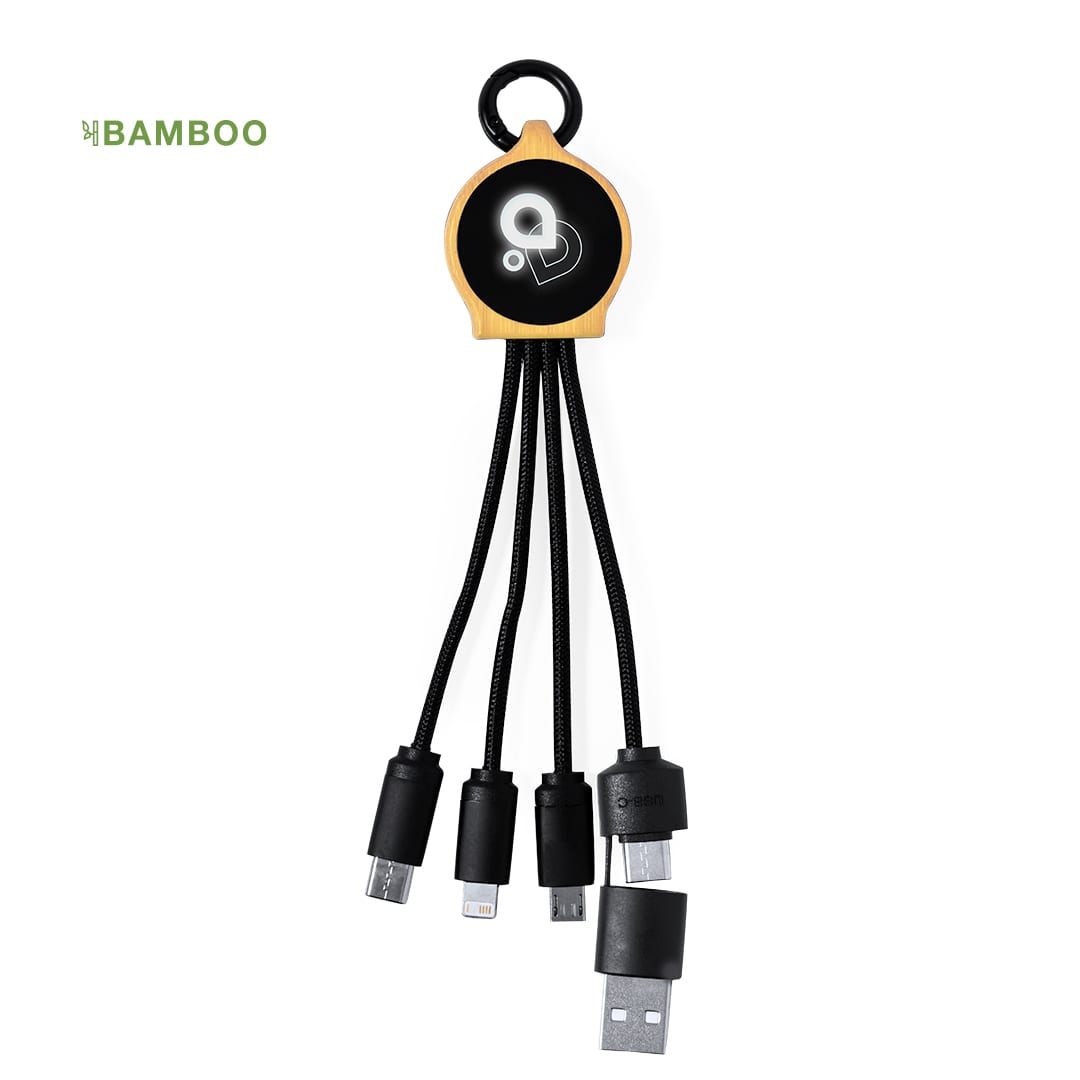 A charging cable organiser in black and bamboo, featuring multiple connectors for various devices and a circular logo. Lawrence - Image 1