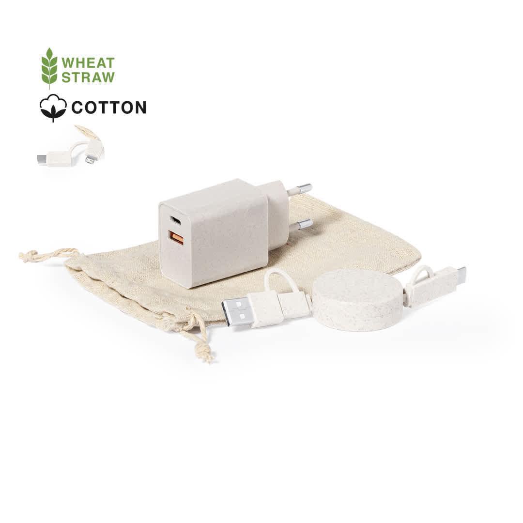 A beige charger set made from wheat straw, featuring a charger, cable, and a cotton pouch. Pylot Chargers Set - Image 1