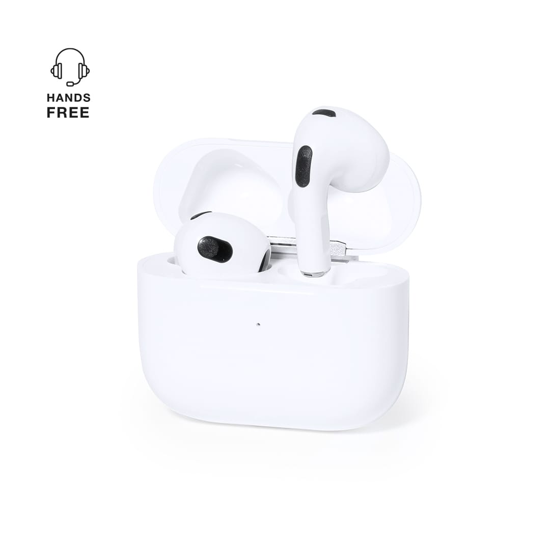 A pair of white wireless earbuds in a charging case, featuring a logo on the case. Dodiax - Image 1