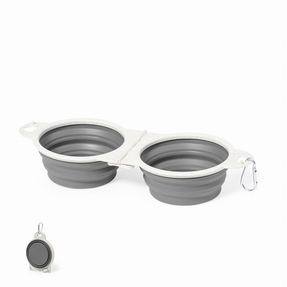 A drink bottle with two grey, collapsible cups and a silver carabiner for easy attachment. It has a simple design. Saluki - Image 1