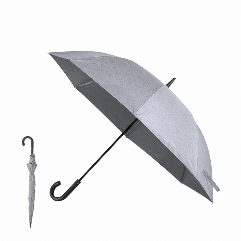 A grey umbrella with a curved black handle, featuring a compact design for easy storage. Dewey - Image 1