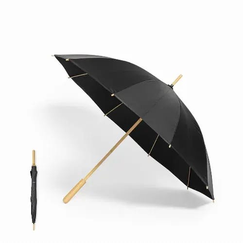 A black umbrella with a wooden handle, displayed open and alongside a folded version. Gotley - Image 1