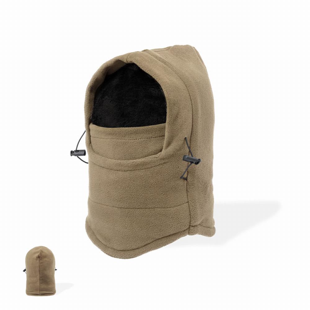 A fleece hooded balaclava in tan and black, featuring adjustable drawstrings for a snug fit. Tecko - Image 1