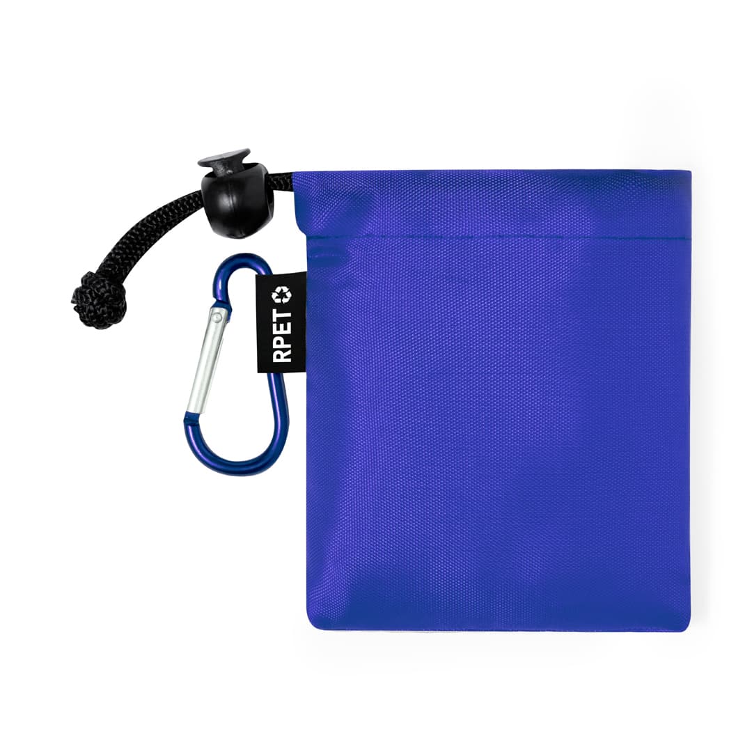 A blue pouch with a drawstring closure and a carabiner attachment, featuring a logo on the side. Claytop Raincoat - Image 1