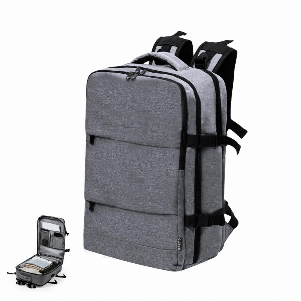 A grey backpack with adjustable straps and multiple compartments. It includes a logo on the side. Myriax - Image 1