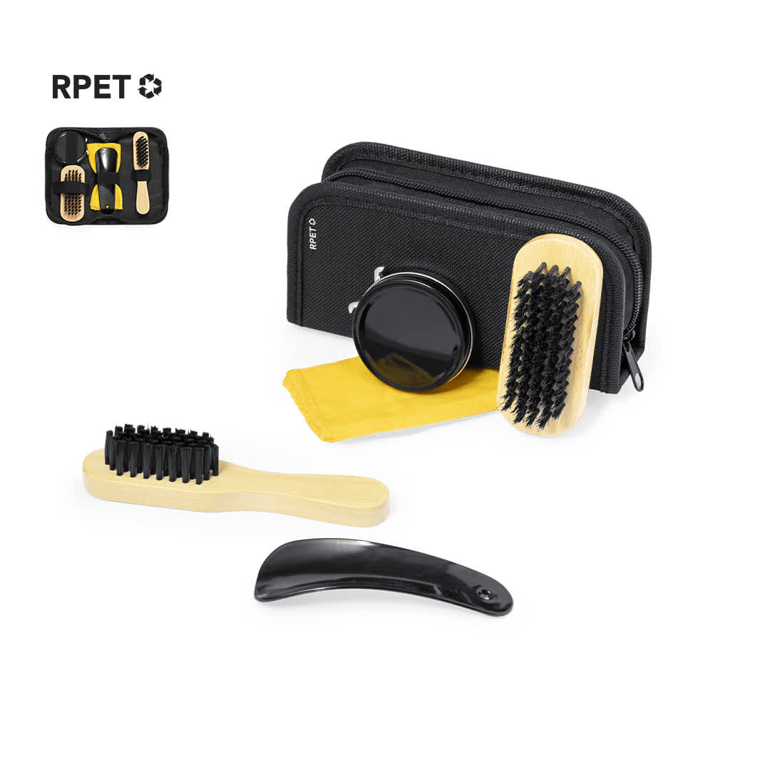 A shoe cleaning set in a black zippered case, featuring wooden brushes, a cleaning cloth, and a shoe horn. Aeron Shoe Cleaning Set - Image 1