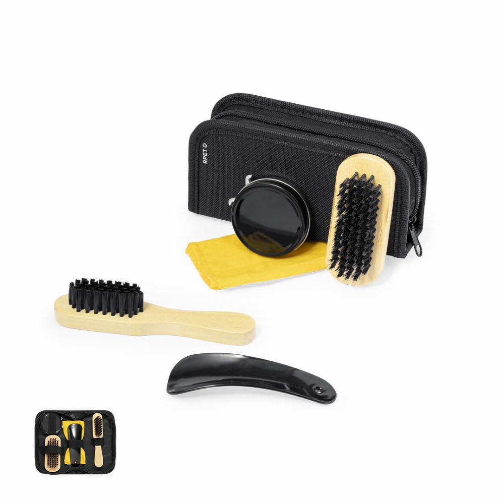 A grooming kit featuring a black zipper case, a wooden brush, a comb, a cleaning cloth, and a jar of product. Aeron - Image 1