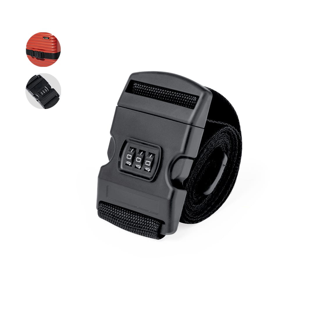 A black luggage strap with a combination lock, featuring a sturdy design and adjustable length. Chengu Luggage Strap - Image 1
