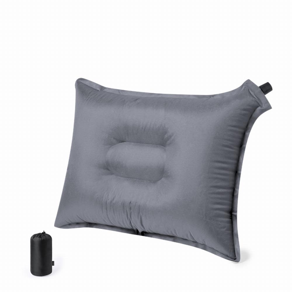 An inflatable travel pillow in grey, featuring a contoured design, with a matching compact storage bag. Balum - Image 1