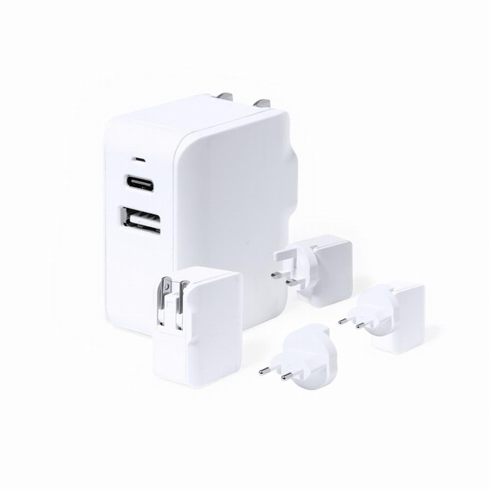 A white charging adapter with multiple plug attachments for different socket types. Features USB-C and USB ports. Vlind - Image 1