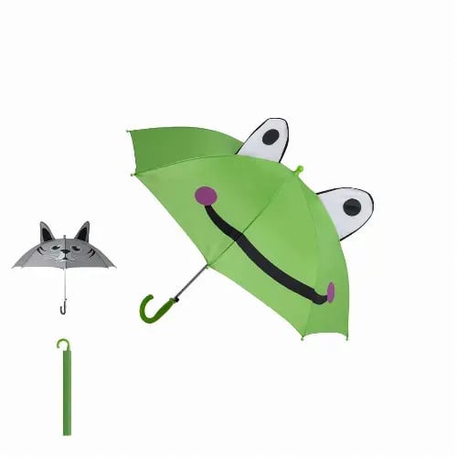 A green umbrella with a smiley face and large eyes, alongside a grey umbrella with a cat design and a green handle. Seter - Image 1