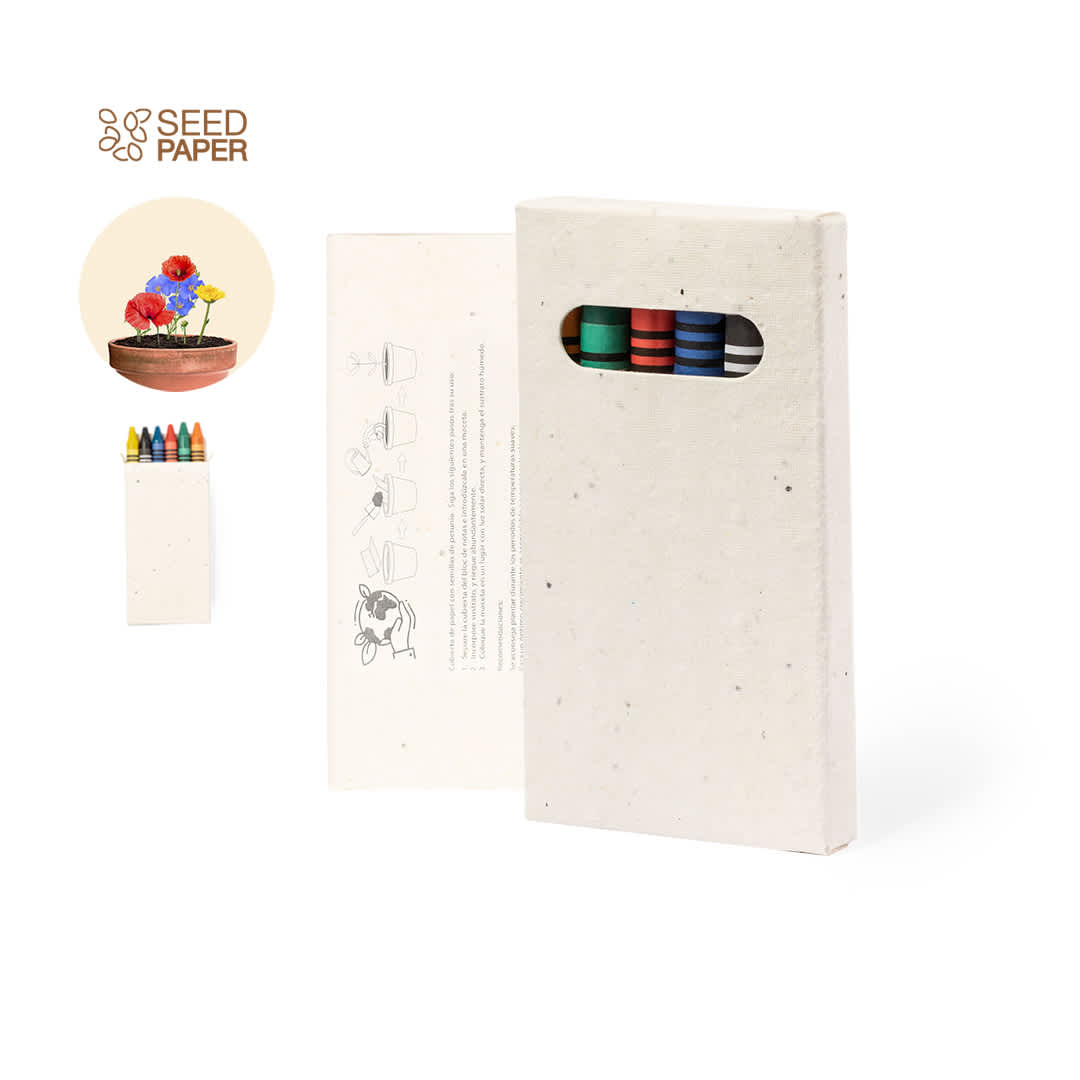 A crayon set packaged in eco-friendly seed paper, featuring various colours and a branding logo. Fyser Seeds Crayon Set - Image 1